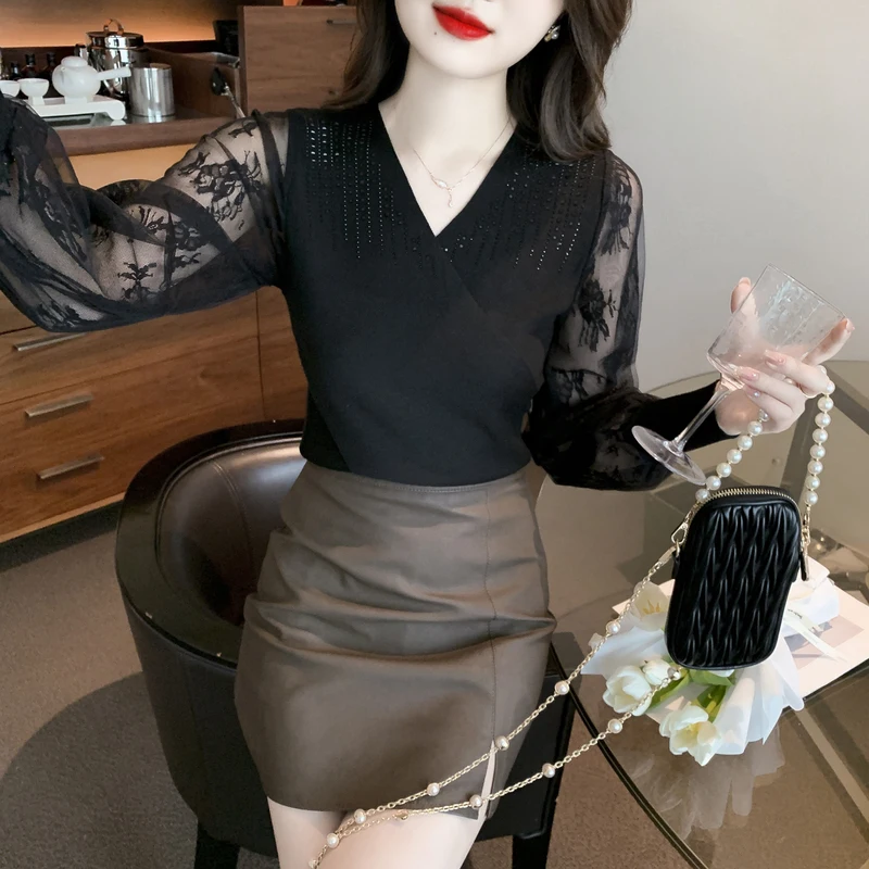 Женская кружевная блузка с длинными рукавами элегантная облегающая V-образным