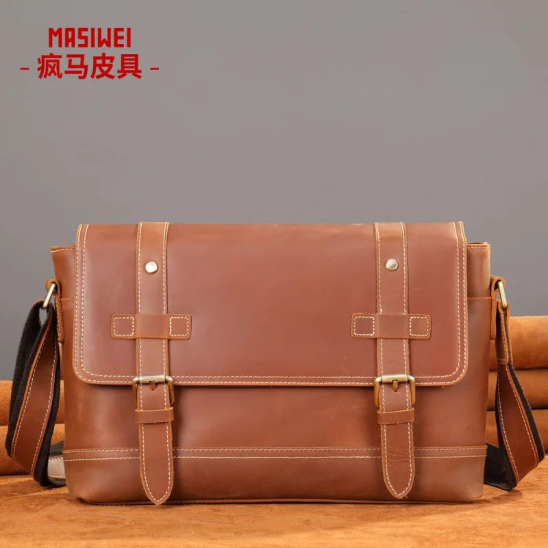 

Crazy Horse Leather Men's Bag Men's Leather Messenger Bag European and American Trendy First Layer Cowhide Leather Single-Should