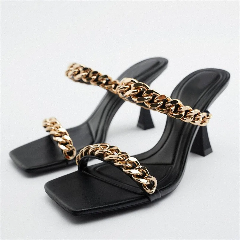 

ZA 2022 Women's Metal Chain Heeled Sandals Summer Black High Heel Sandal Fashion Squared Toe Pump Sexy Party Slingback Shoes