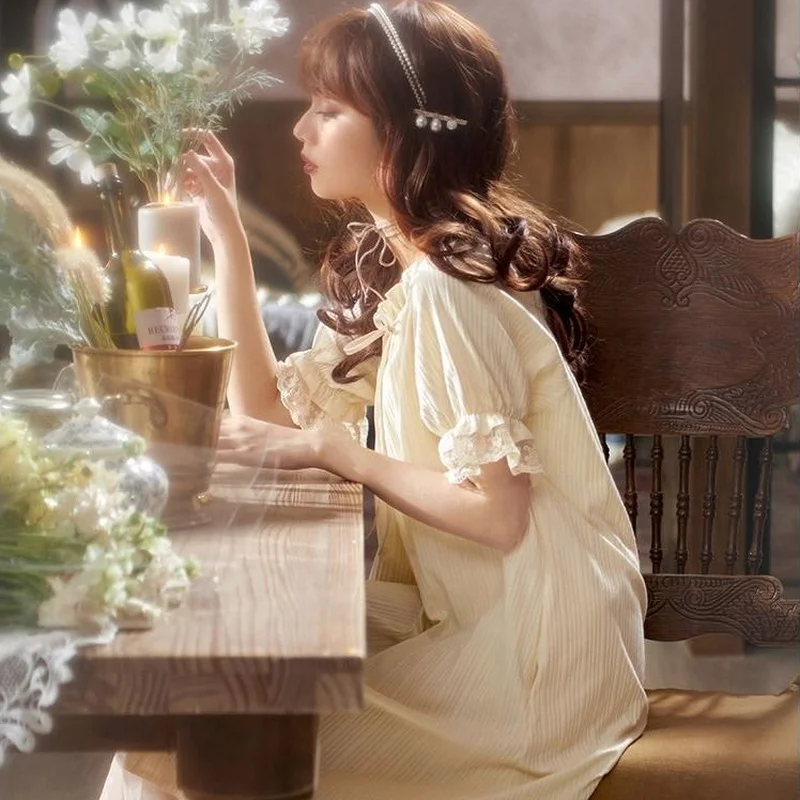 Princess Style Nightdress for Women 2021 New Summer Kawaii Lace Night Gown Sweet Plus Size Dress Calf Nightwear Ruffles Homewear