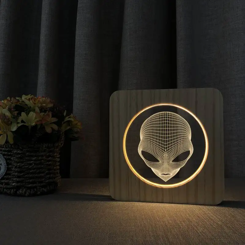 

3d-светодиодная лампа Alien для видеосъемки, акриловая, деревянная, USB, настольная лампа для декора детской комнаты