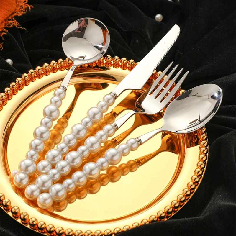 

Europe Silver Fashion Pearl Cutlery Set 18/10 Stainless Steel Creativity Gift Flatware 304 Knife Fork Spoon Drop Shipping