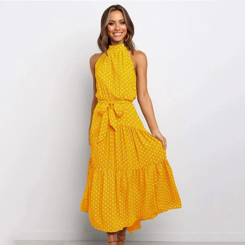 

2022 Summer Casual Long Dress Print Halter Polka Dot Boho Style Sexy Maxi Dress Women Fashion Elegant Party Maxi Dresses Ladies