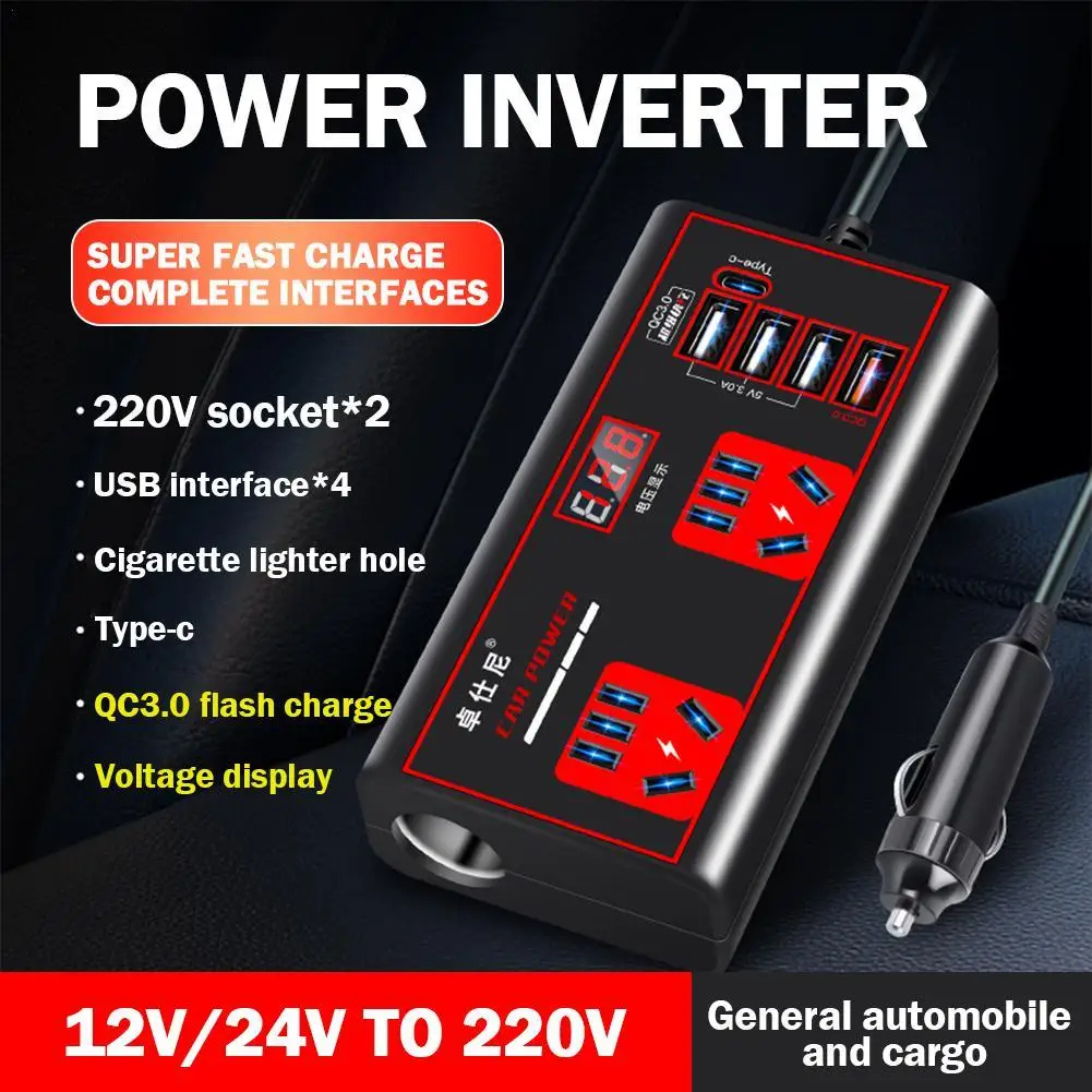 

12V 24V To 220V Car Power Inverter Led Display 5 Ports + Cigarette Lighter Auto Charger Automotive Power Multifunctional New