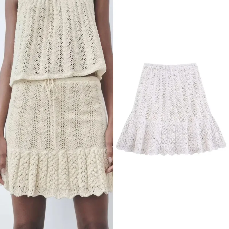 

TRAF Casual Knit Mini Skirt For Woman 2023 Summer High Waist Adjustable Drawstring Skirts Elastic Waist Flounced Hem Short Skirt