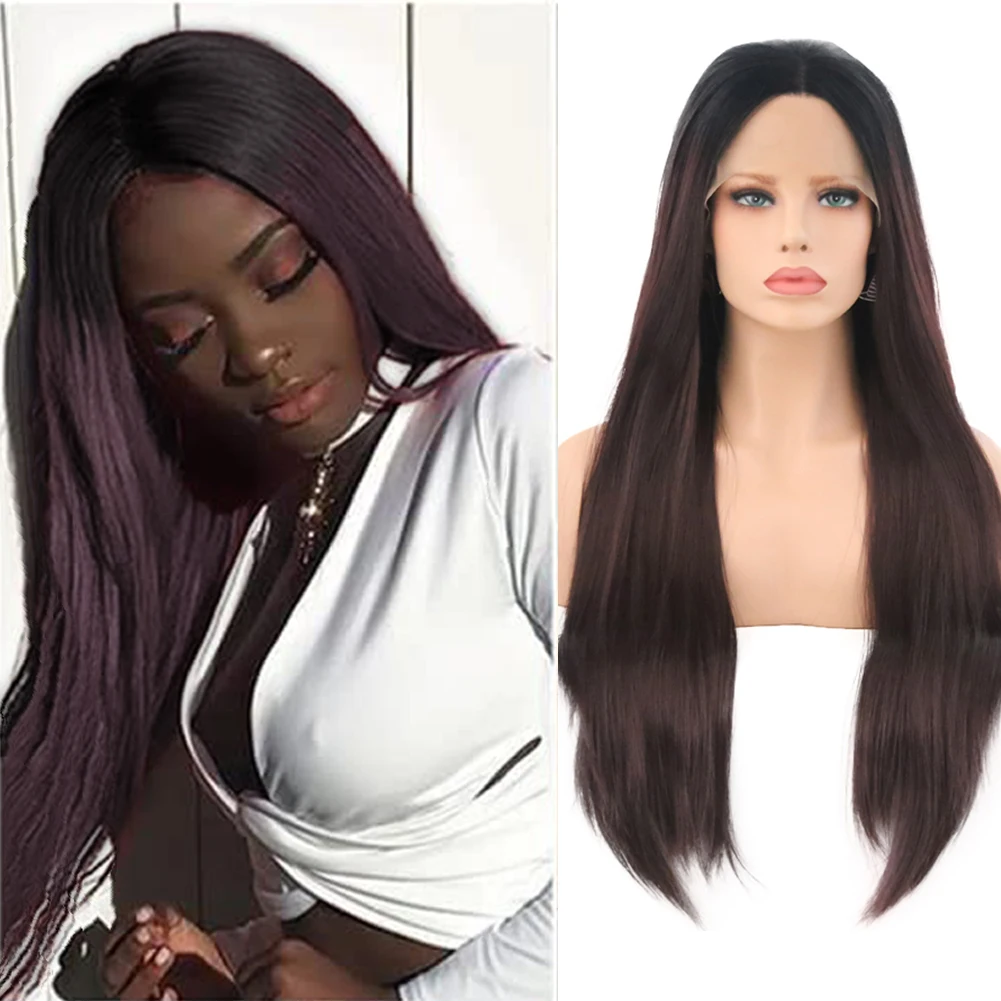 

FANXITION Synthetic Wigs Straight Lace Front Wig Cosplay Ombre Black To Burgundy Color Cosplay Wigs 99J Парики Женские Daily