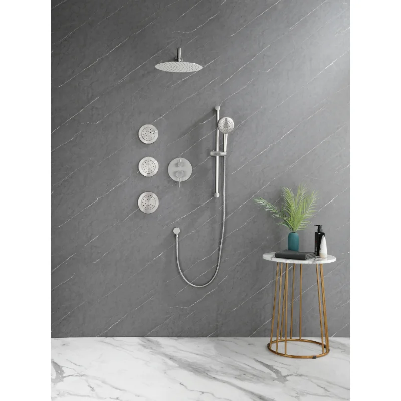 

Wer System with Shower Head\ Hand Shower\ Slide Bar\ Bodysprays\ Shower Arm\ Hose\ Valve Trim\ and Lever Handles