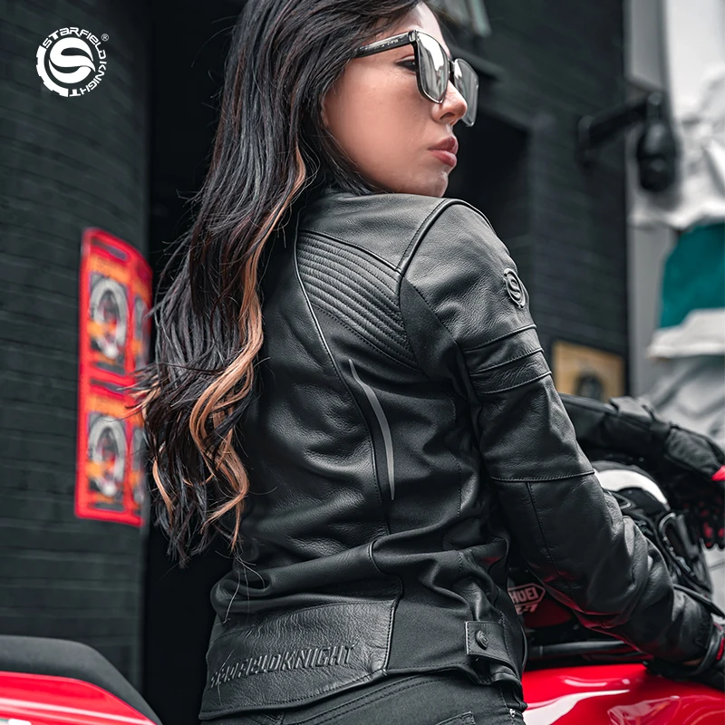SFK Winter Warm Motorcycle Women's Riding Jacket Detachable Cotton lining Slim Fit Real Leather With CE Protective Accessories