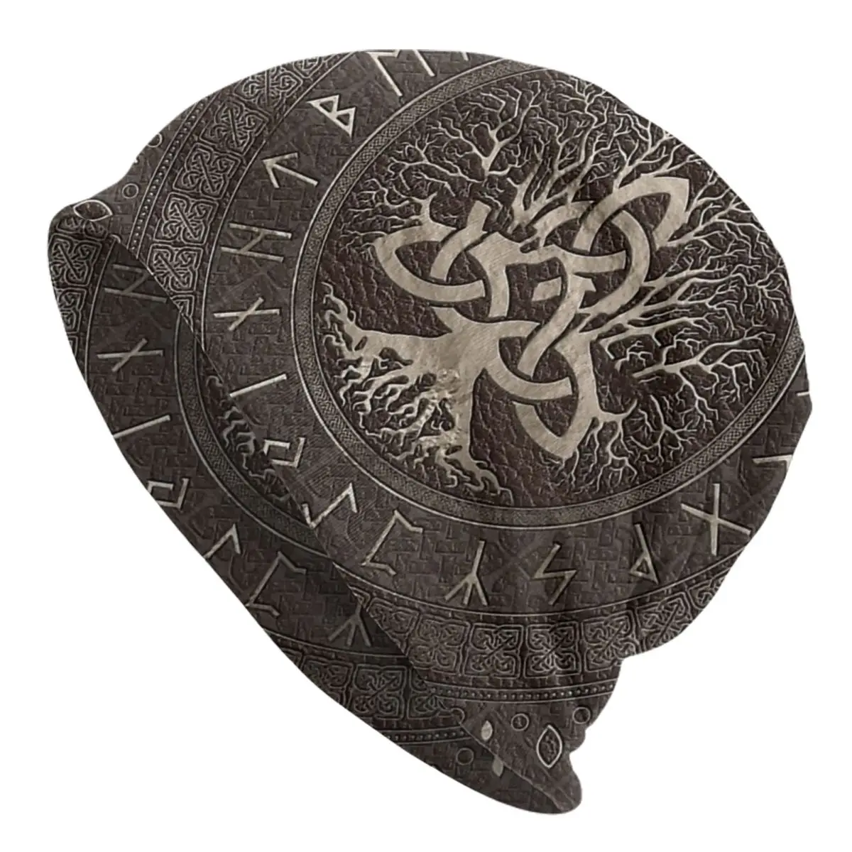 

Viking Skullies Beanies Caps Tree Of Life With Triquetra Brown Leather And Gold Thin Hat Bonnet Hats Men Women's Hip Hop Ski Cap