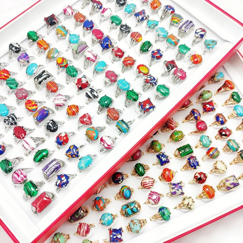 

30Pcs/Lot Vintage Multi-Color Natural Stone Rings for Women Mixed Style Geometric Turquoise Charm Jewelry Party Gifts