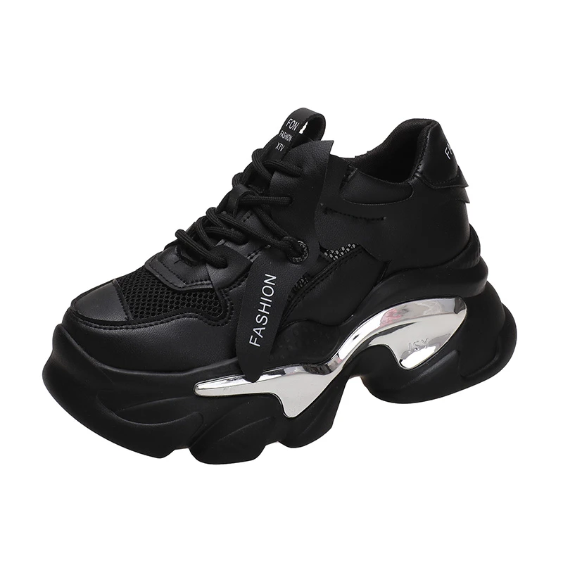 New Fashion Women Summer Leather Sneakers 8CM Heels White Mesh Casual Shoes Woman Trainers Lace-Up Breathable Platform Sneakers