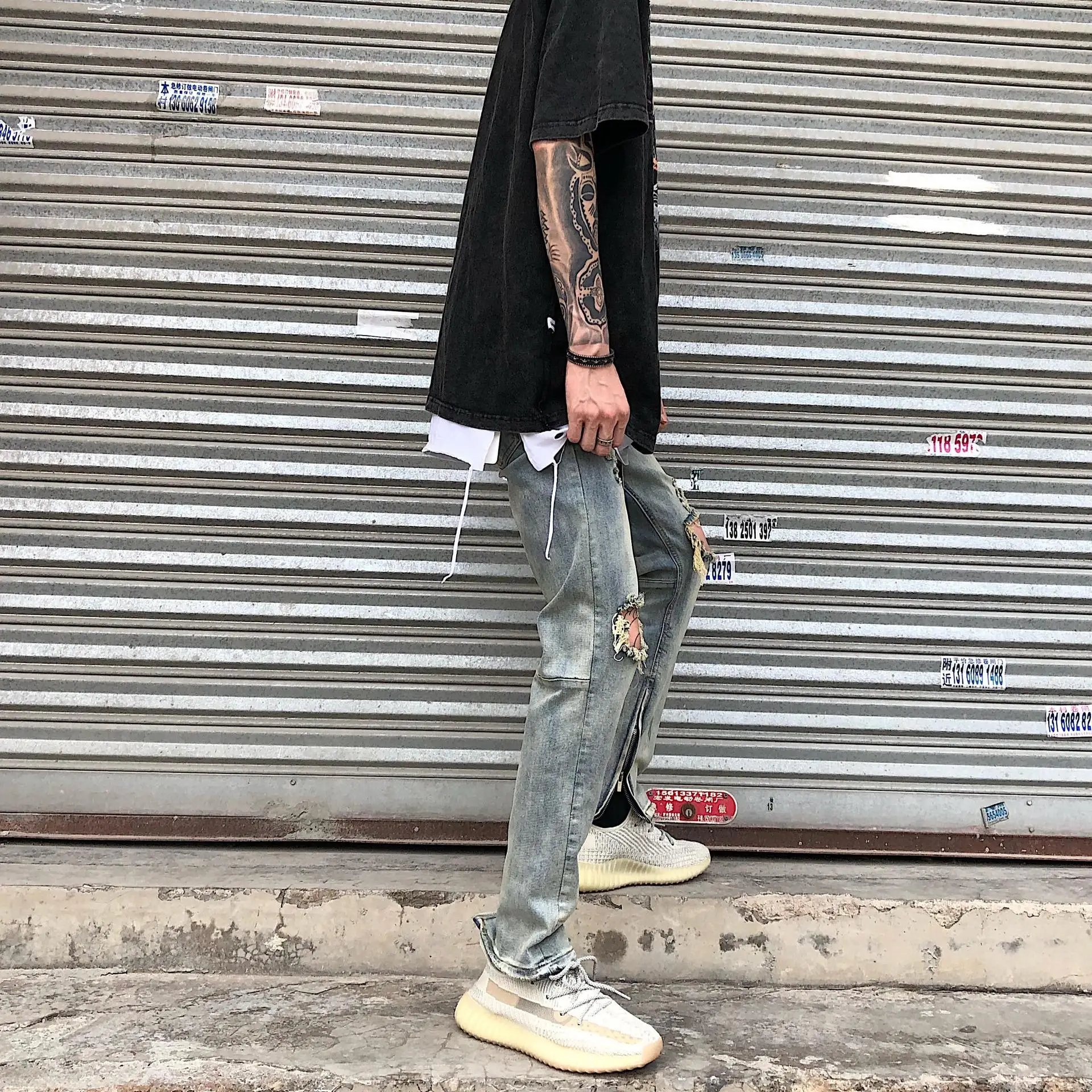 Hip-hop Zipper Jeans Casual Korean Retro Slim Knee Hole Streamer Jeans Wtreetwear Men Denim Pants Pantalones Vaqueros Hombre