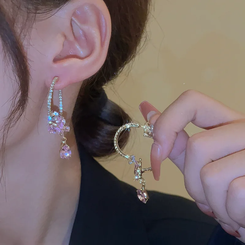 

Sweet Cute Pink Zircon Butterfly Flower Water Drop Earrings For Women Korean Fashion Earring Daily Birthday Party Jewelry Gifts