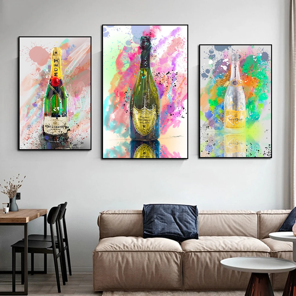 

Abstract Wine Bottle Watercolor Canvas Poster And Print Fashion Champagne Art Painting Graffiti Wall Pictures Kitchen Home Decor