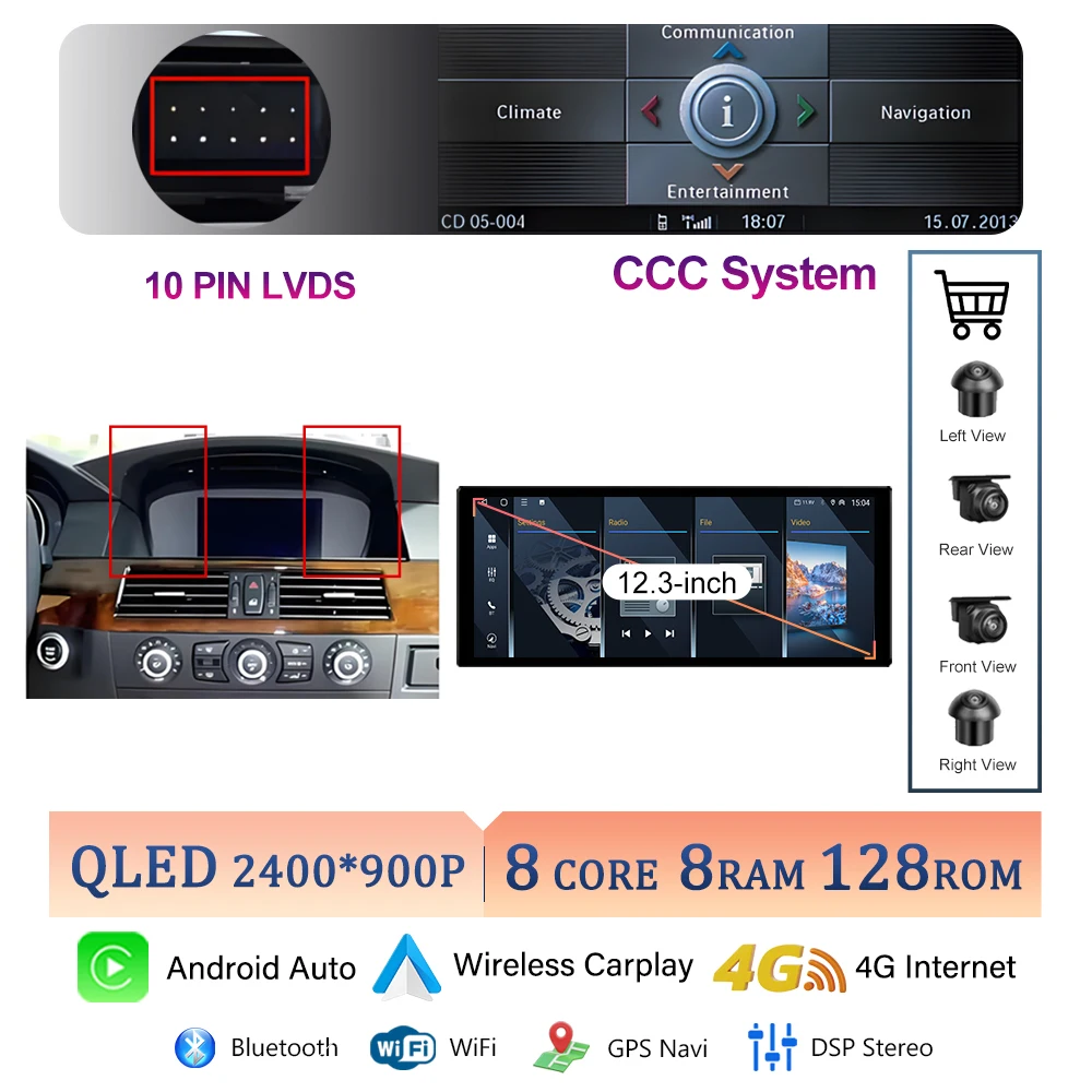 

Carplay Auto Android 14 для BMW 5 серии E60 E61 E62 2005-2008 CCC CIC Система Автомобильный радиоприемник Мультимедийный видеоплеер GPS-навигация