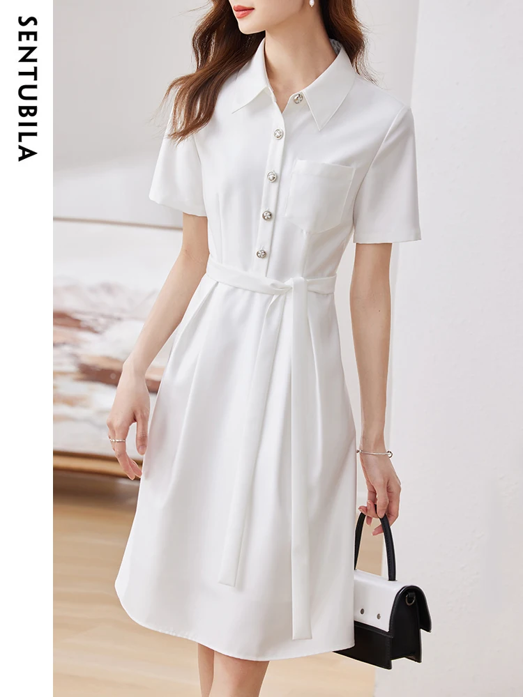 Sentubila Ladies Summer White Shirt Dress for Women 2023 Slim Belt Fashion Short Sleeve A-Line Solid Formal Occasion Dresses