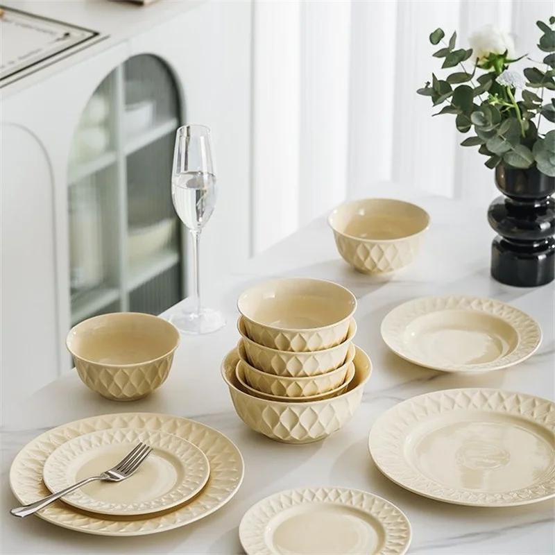 

Новая цветная глазурованная кремовая цветная Бытовая стандартная посуда, ложки, керамическая посуда в стиле ретро, миски для супа, столовые приборы