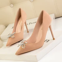 women shoes high heels high heels stiletto high heels pointed toe rhinestone bow suede shoes 9 5cm heel women shoes solid color