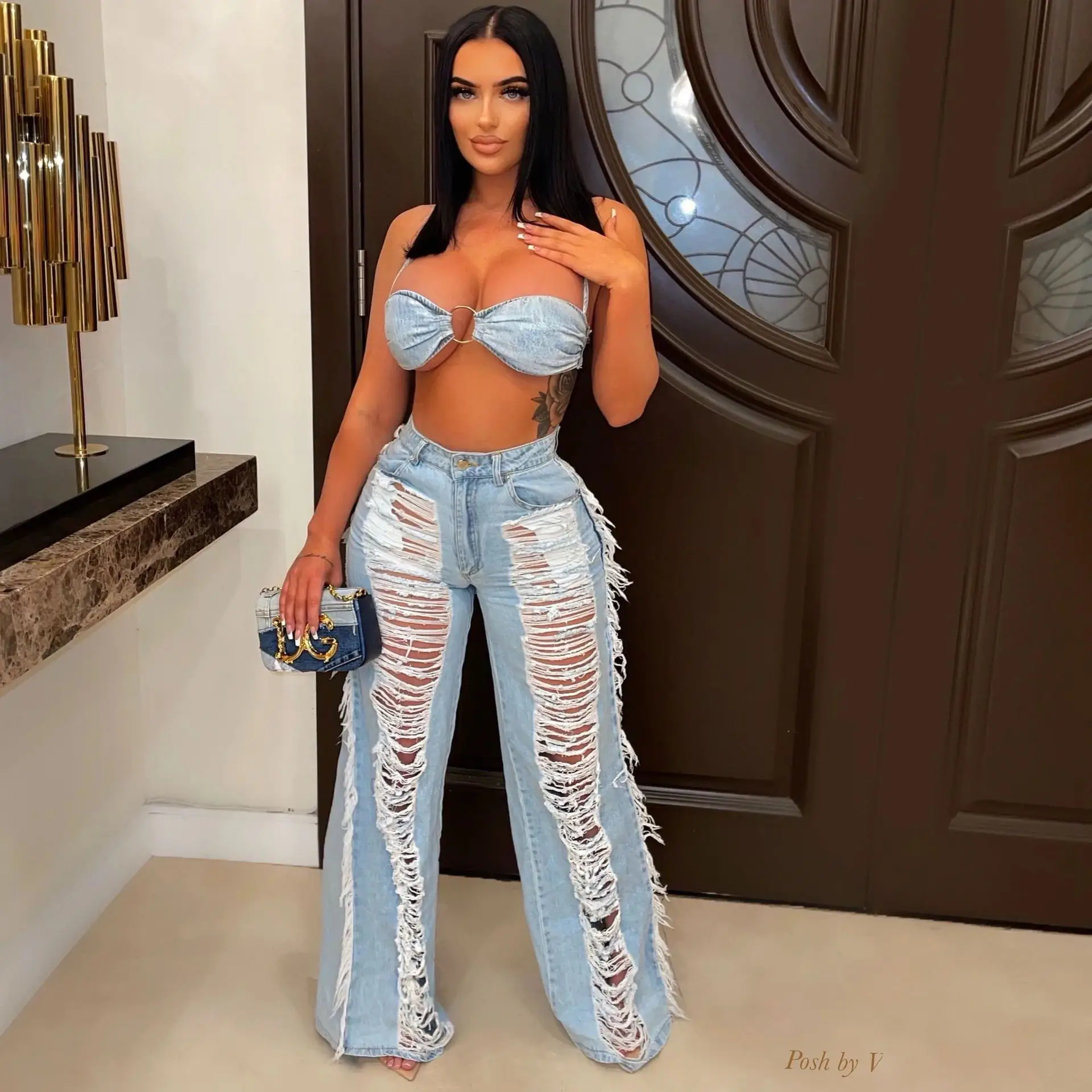 

MUDAN 2022 Summer Ladies Sexy Fashion Tube Top Tassel Denim Suit 2 Piece Set