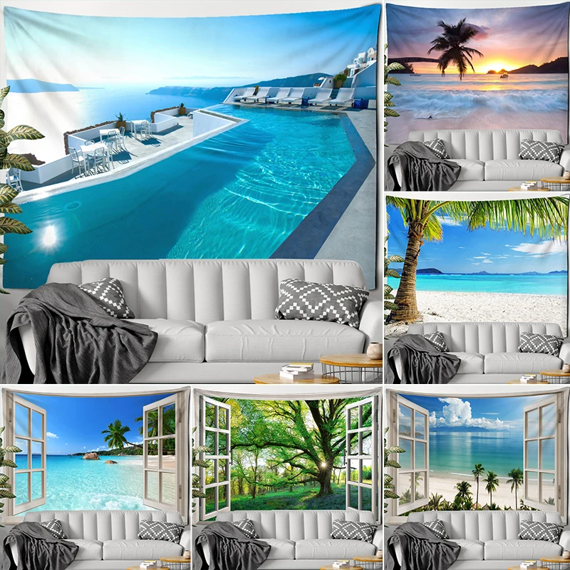 

Faux Window Beach Sun Forest Painting Tapestry Wall Hanging Boho Psychedelic Home Decor Tapestry