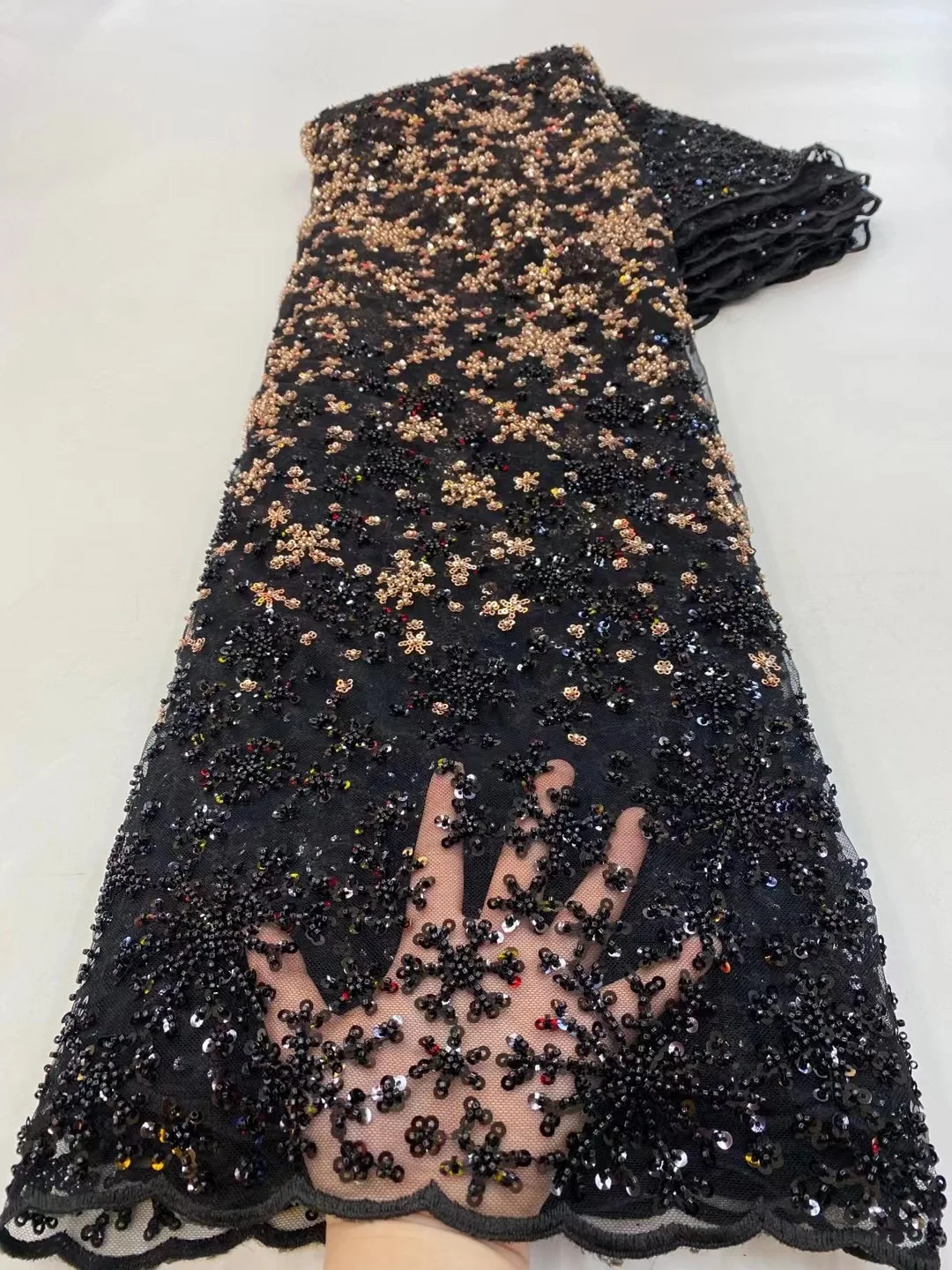 

Black Handmade Heavy African Beade Lace Fabric High Quality Lace Sequins Nigerian French Tulle Lace Fabric Wedding Mesh Material