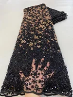 Black Handmade Heavy African Beade Lace Fabric High Quality Lace Sequins Nigerian French Tulle Lace Fabric Wedding Mesh Material