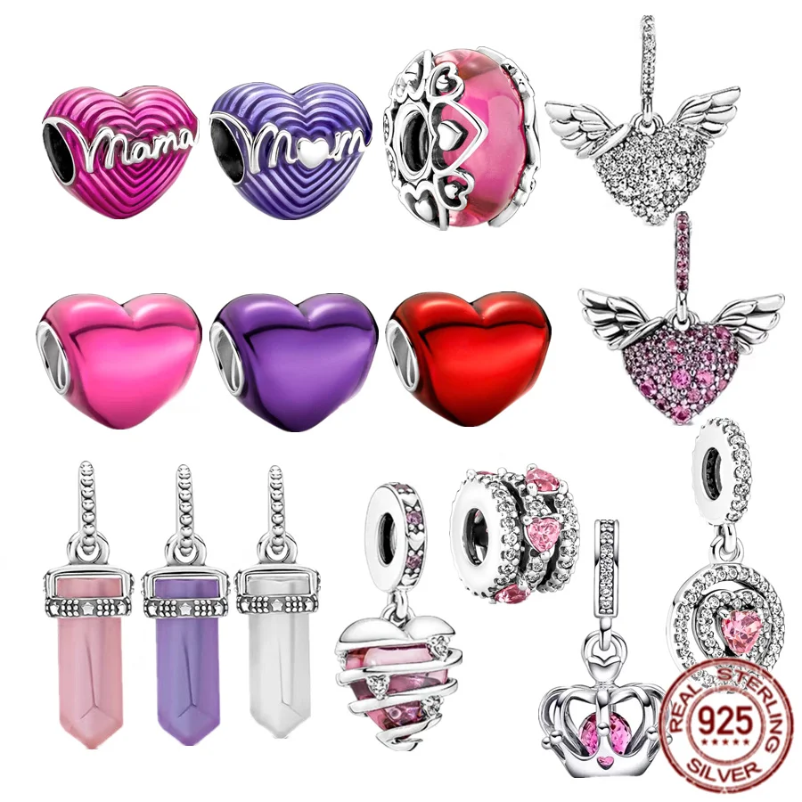 925 Sterling Silver Pink, Purple, Red, Sparkling Halo Heart Charm Bead Fit Original Pandora Bracelet Bangle Fine Jewelry Gift