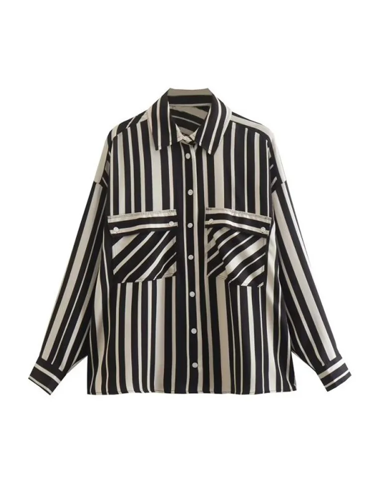 

Women Summer Loose Blouses Shirts Tops 2022 Fashion Striped Pockets Turn-down Collar Female Elegant Street Top Clothing