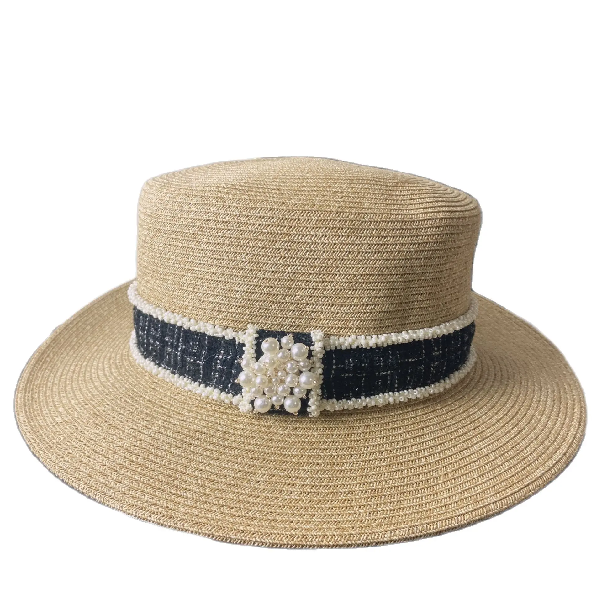 

Соломенная шляпа с жемчужинами и цветами, Соломенная Панама с плоским верхом, в стиле джаз, с широкими полями, красная, для путешествий, для з...