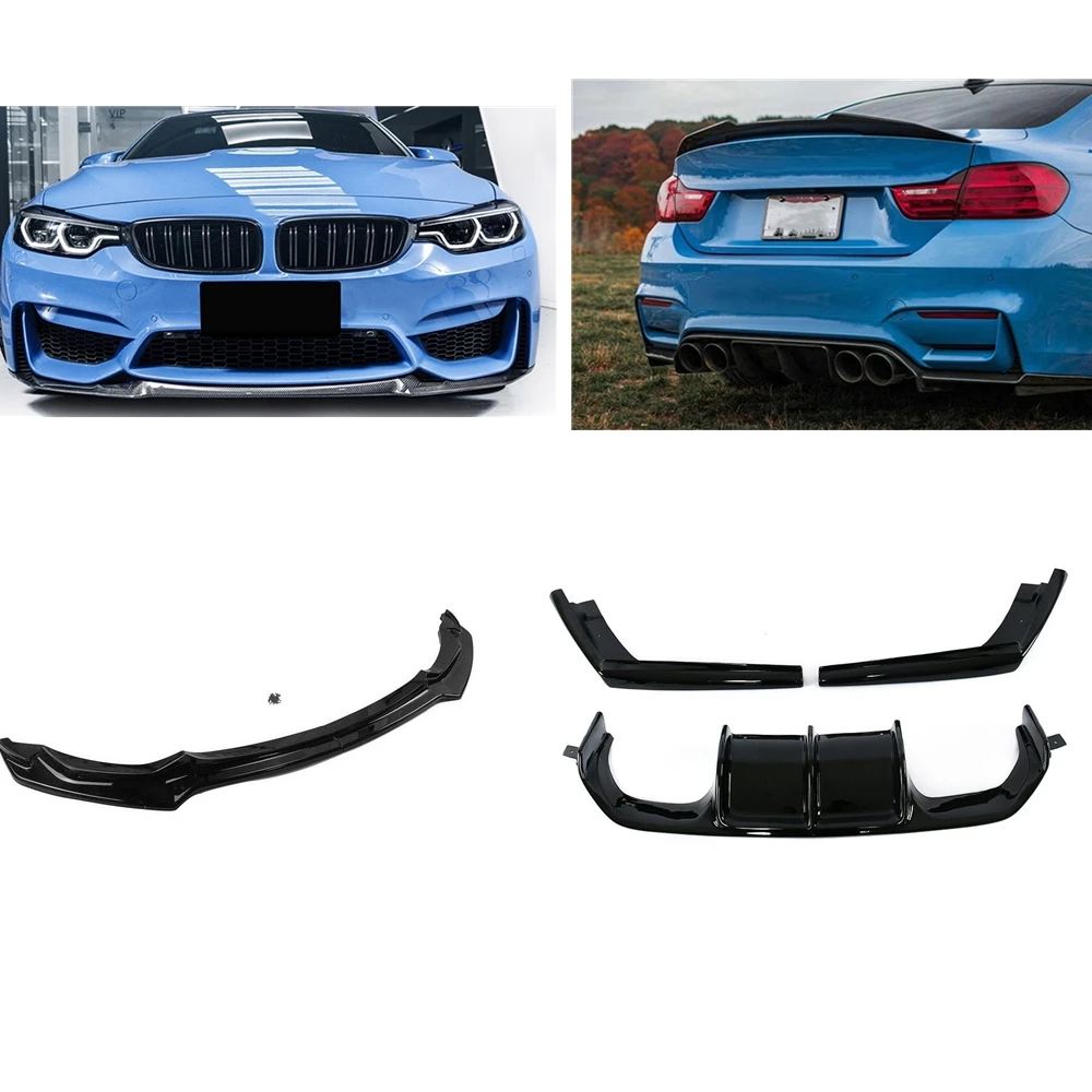 

Car Front Lower Bumper Spoiler Lip & Rear Diffuser Bracket Splitter Plate Glossy Black For BMW M3 F80 M4 F82 F83 2015-2020
