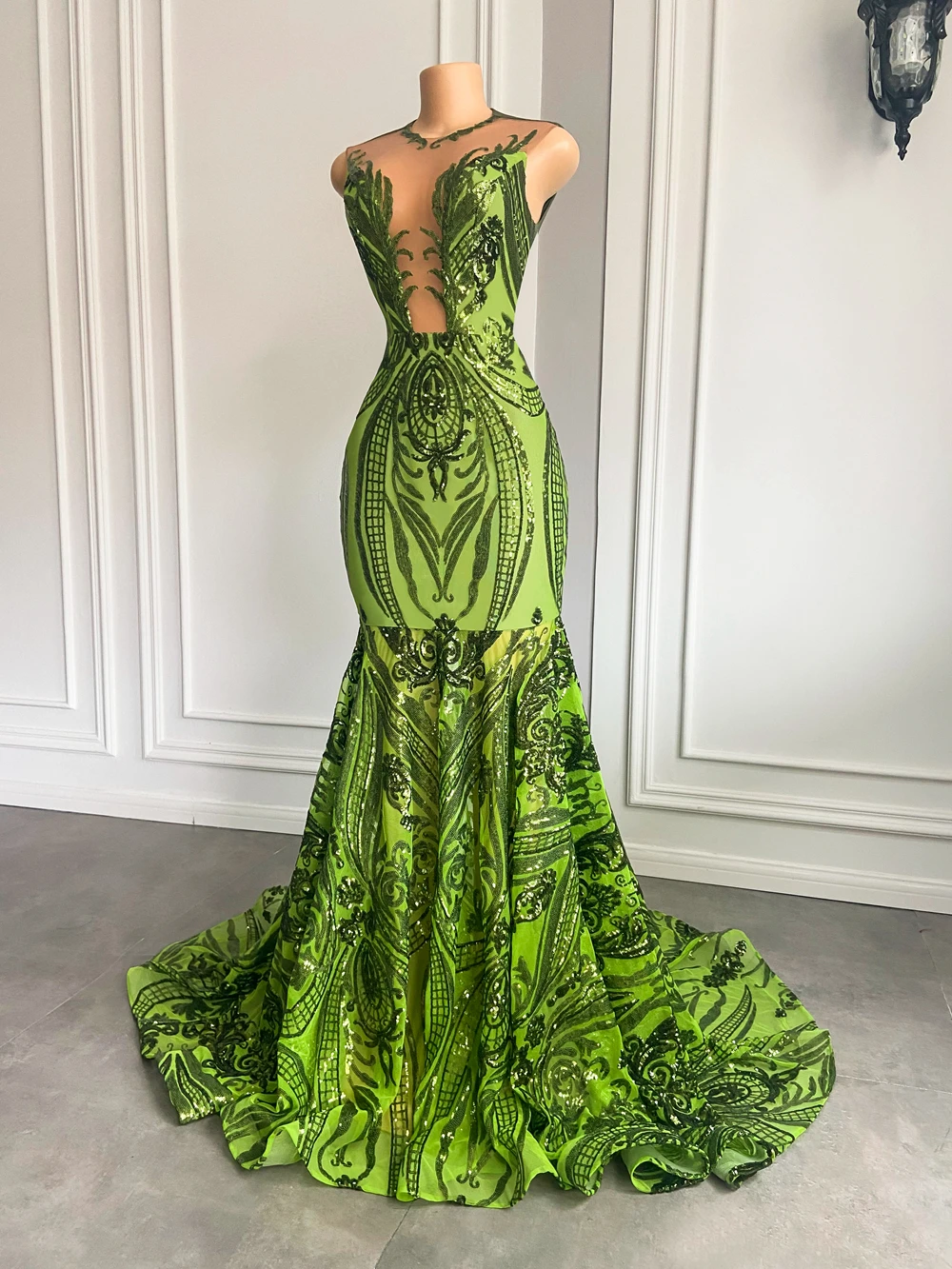 

Haute Couture 2023 New Sexy Green Mermaid Style Sparkly Prom Dresses Sleeveless Sheer O-neck Mint Girl Prom Gala Party Gowns