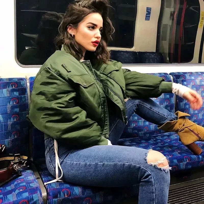

2022 stylish lady autumn winter za green short jackets women fashion long sleeve zipper bomber jacket outwear women's coat