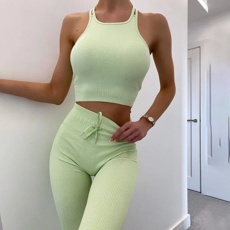 Women 2 Pieces Crop Top Sports Seamless Suits Sweat Leggings Bras Causal Striped Yoga Workout Fitness Gym Clothing Sportwear