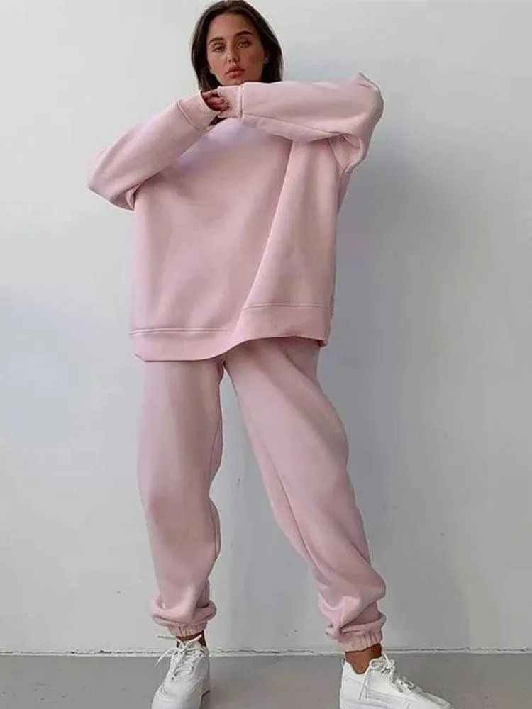 

Флисовые пуловеры с круглым вырезом, свитшот, костюмы из 2 предметов, женские свободные однотонные с длинным рукавом, женские осенние утепле...