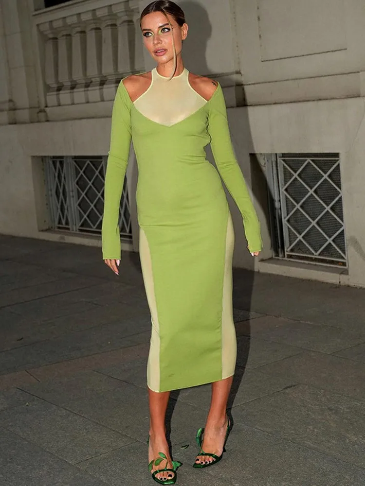 

Women Bodycon Dress Green Casual Patchwork Mesh Round Neck Long Sleeved Backless Slim Long Dress Sexy Vestidos Midi Lady Party