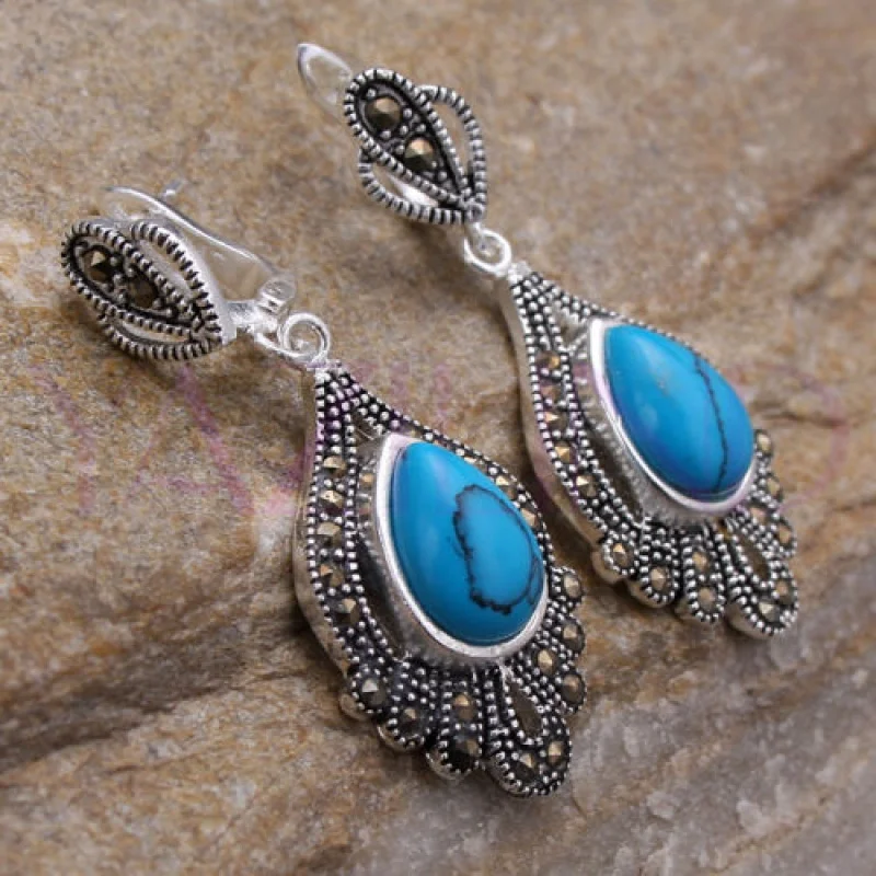 

whosale Fine round Natural Turquoise bead silver hook earrings Vintage style