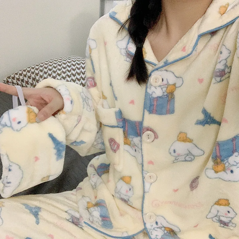 

Anime Sanrio Hellokitty Cinnamoroll Winter Plush Coral Velvet Long Wear Set Ladies Pajamas Home Wear Girl Christmas Kawaii Gift