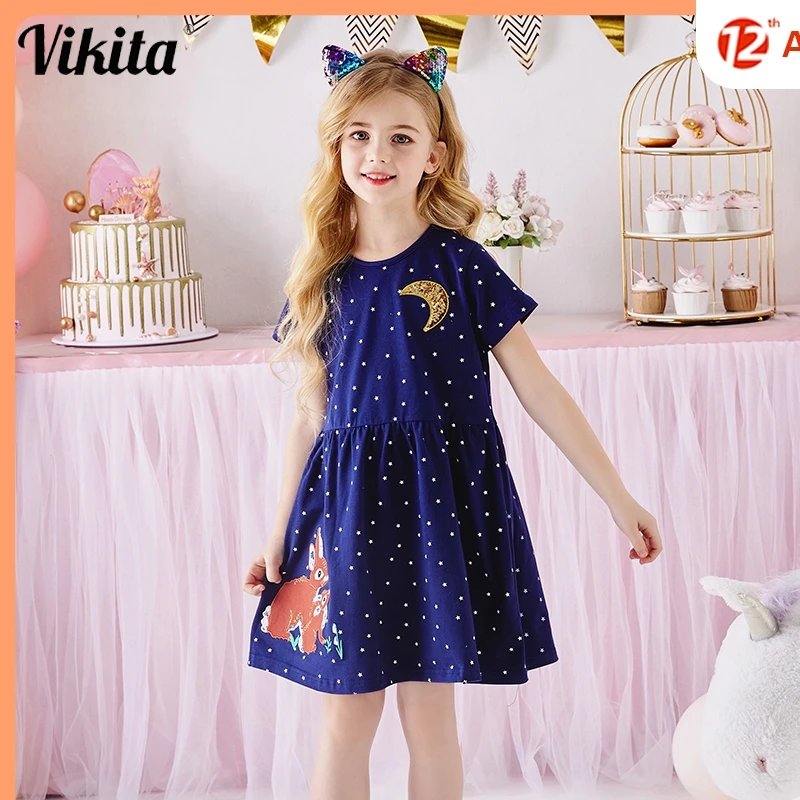 

VIKITA Kids Short Sleeve Dress for Girl Children Summer Cotton Dresses Girls Casual Tops Wear Children Cartoon Clothing