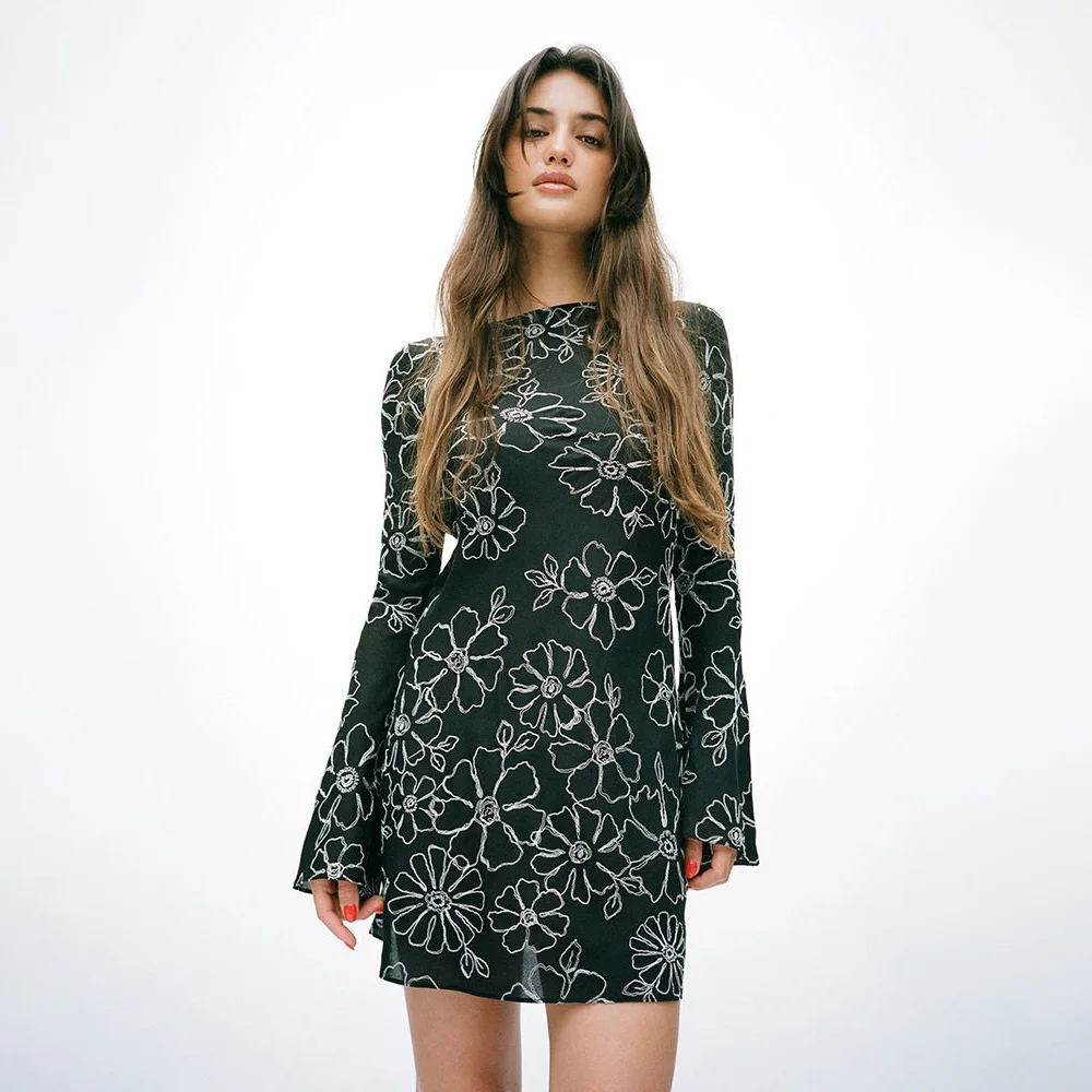 23 Summer Black Silk Heavy White Embroidery Sun Protection Flared Long Sleeve Round Neck Short Dress Women