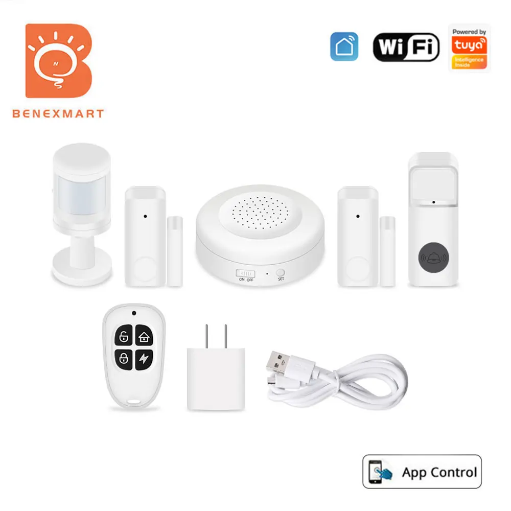 

Беспроводная сигнализация Benexmart Tuya, Wi-Fi система охранной сигнализации с пассивным ИК датчиком движения, дверной звонок, брелок для ключей, комплекты охранной сигнализации для умного дома