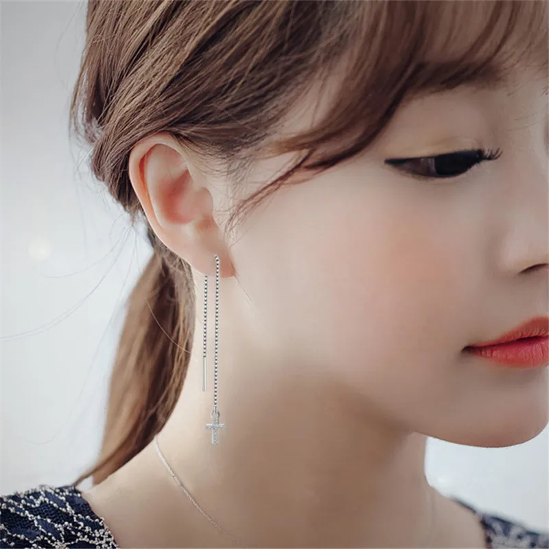 Модные висячие серьги с кисточками и цепочкой цирконом крестом для женщин