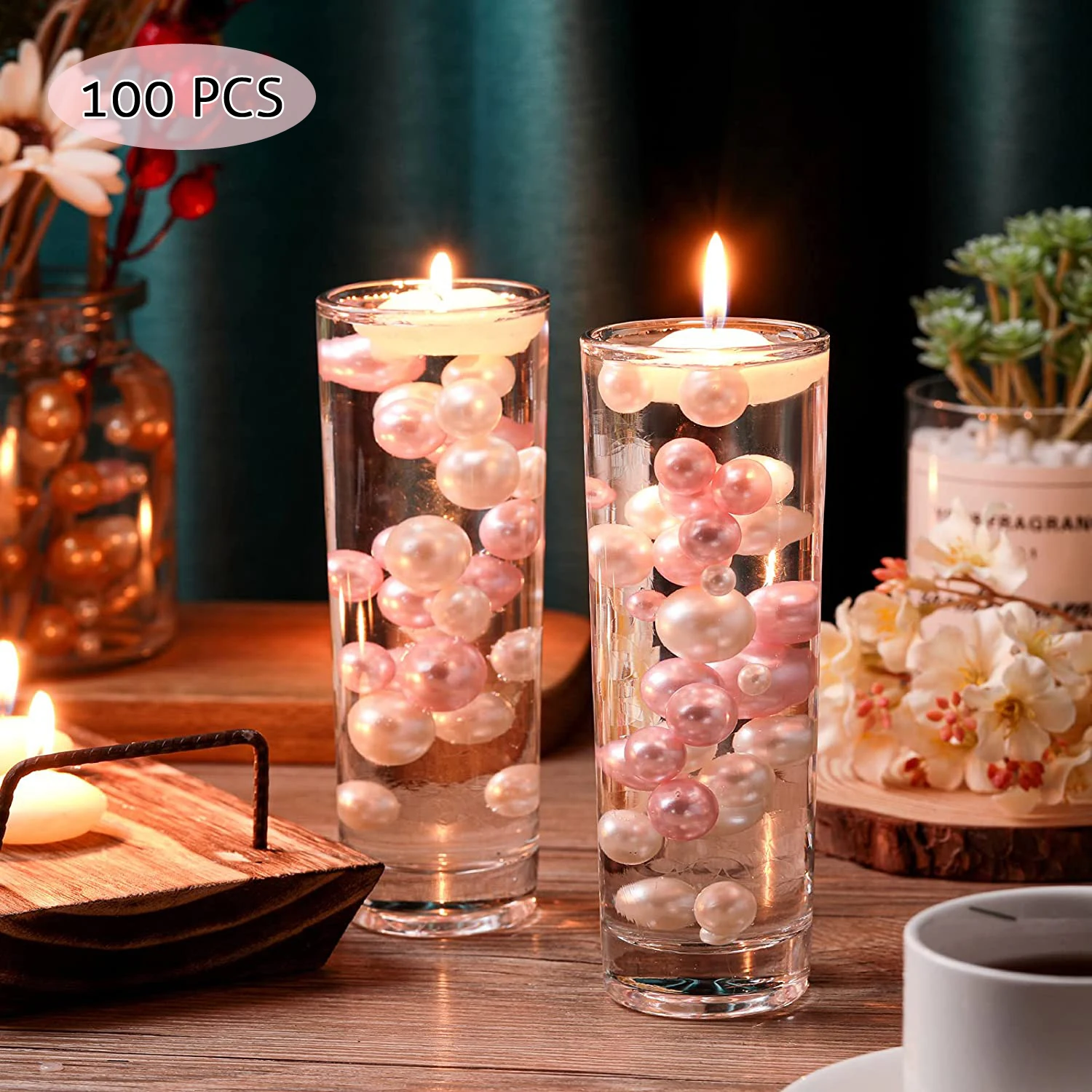 

100 Pcs Floating Vase Pearl No Hole Pearls Vase Decoration Wedding Table Decoration includes Transparent Water Gels Vase Filler