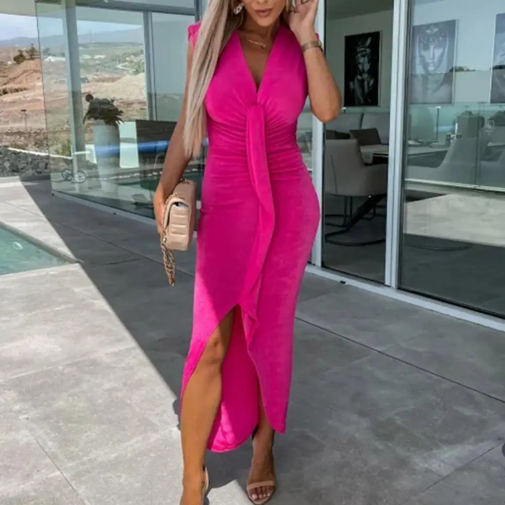 

V-neck Sleeveless Women Party Dress Solid Color Hip Wrapped Evening Dress Sexy Pleated Asymmetrical Hem Gown Dress Streetwear