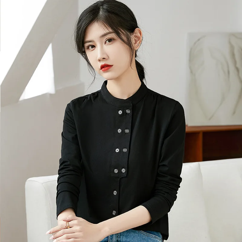 

2022 T Shirt Long Sleeve O Neck Women Office Lady Patchwork Bouble Breasted Cardigan Spring Summer Fashion Korean Style Tops