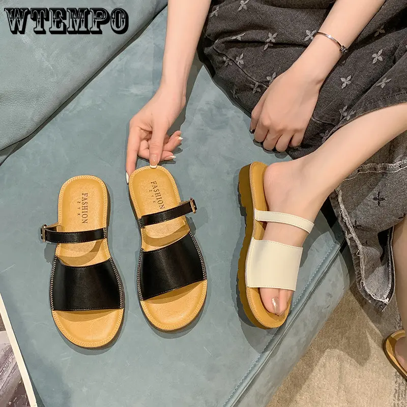 WTEMPO Summer Fashion Slippers Women's Outer Wear Flat Bottom One Word Drag Leather Soft Bottom Anti-slip Sandals Wholesale