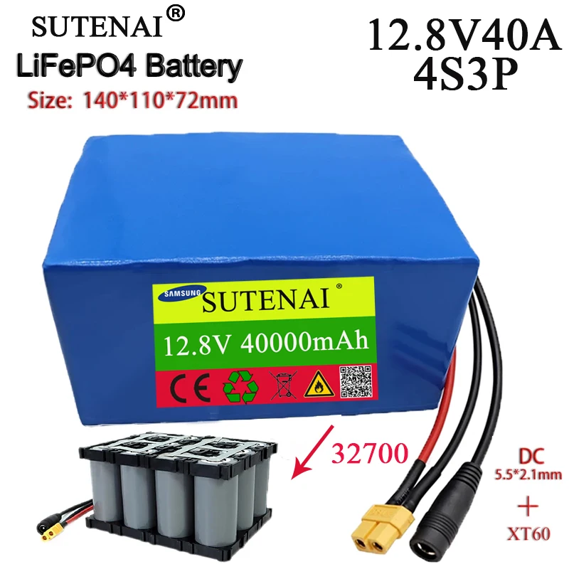 

12.8V 40Ah32700 4S3P Lifepo4 rechargeable battery pack with 4S40A balance BMS for 12V power electric boat DIY solar battery