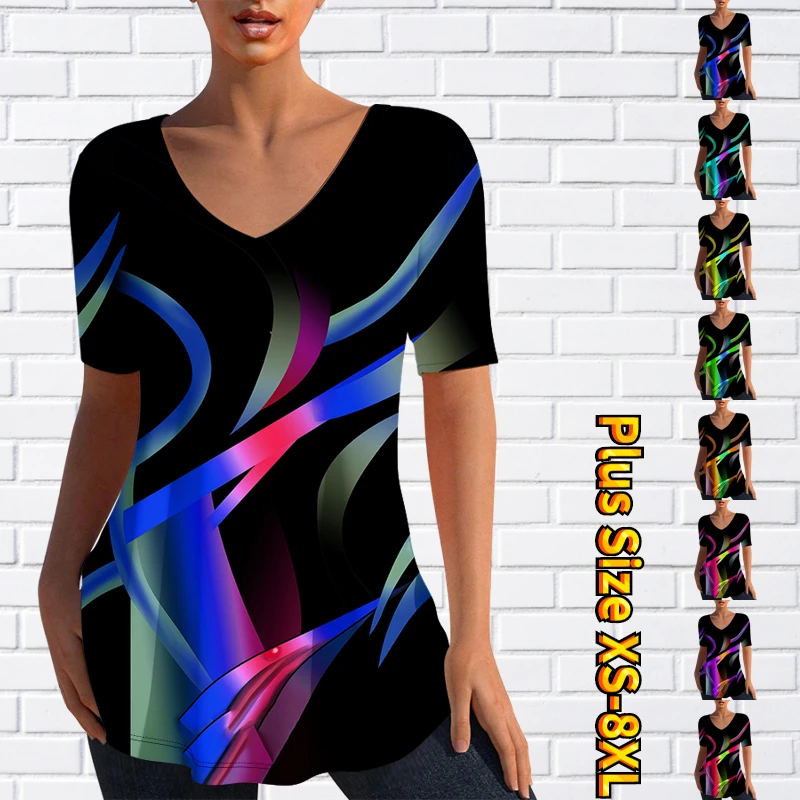 

Женская повседневная одежда, Летние Элегантные винтажные облегающие Топы с коротким рукавом, футболка с V-образным вырезом, новый дизайн, пуловер с принтом