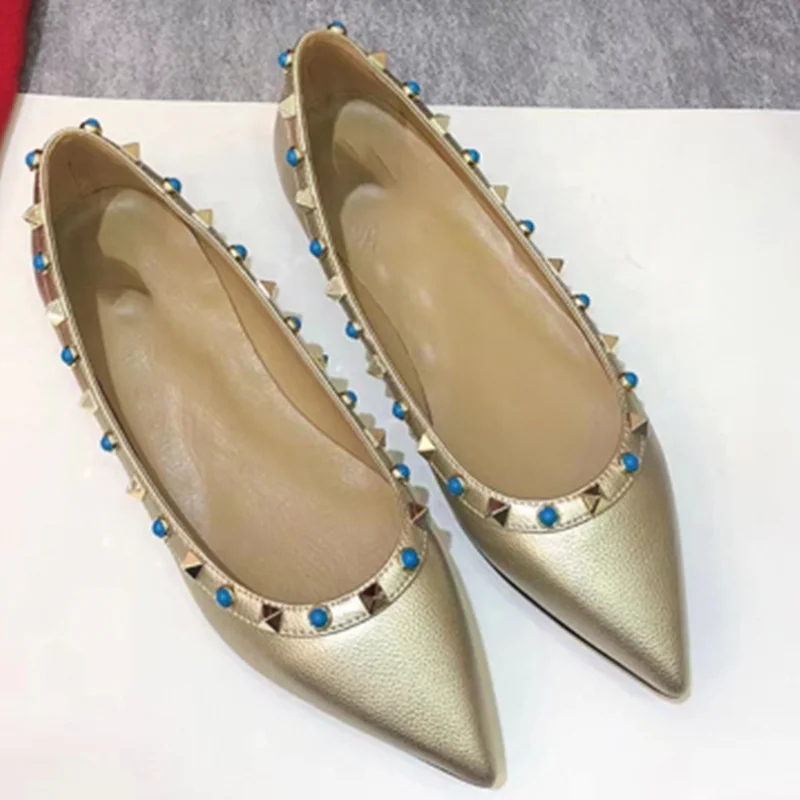 

Lady Gold Silver Blue Diamond Rivets Flats Retro Litchi Texture OL Daily Slip-Ons Pointy Toe New Arrival Fashion Shoes Wide Fits