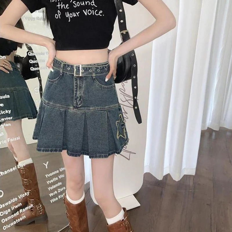 Мини-юбка женская джинсовая трапециевидная с завышенной талией в готическом