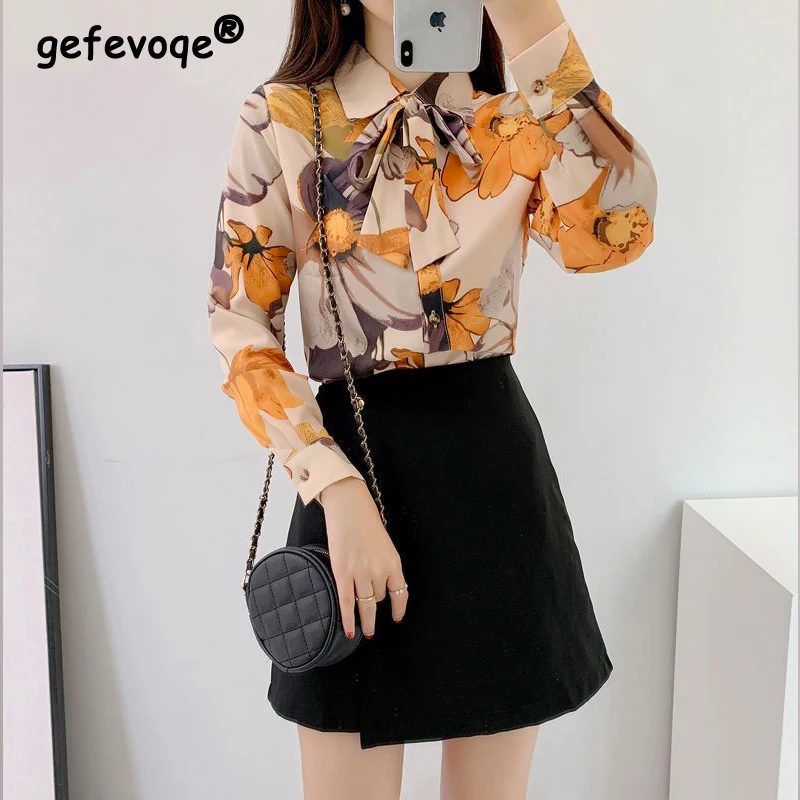 

Women's Korean Vintage Floral Print Elegant Lace Up Bow Button Up Shirt Fashion Commute Long Sleeve Ladies Tops Blouses Clothing